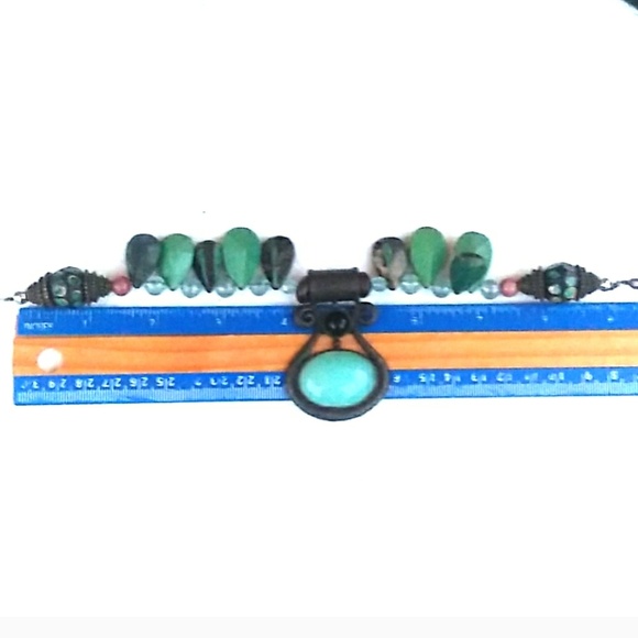 VTG Boho Turquoise Verdigres Brass Teardrop Neckla - Picture 5 of 8